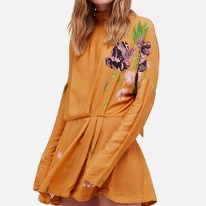 Free People F GEMMA MINI DRESS S Mustard Yellow Floral Tie Open BACK